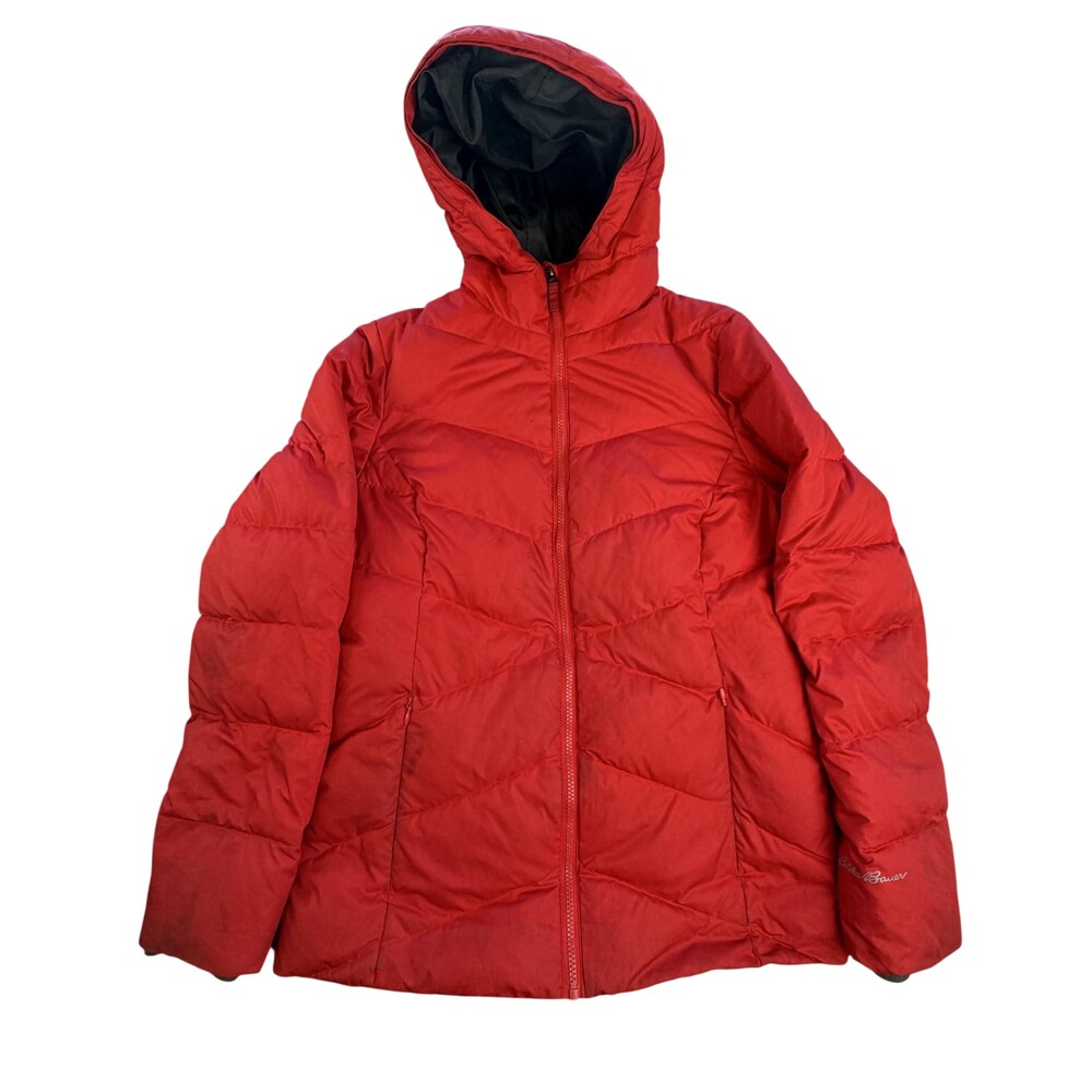 Eddie Bauer Down Puffer Jacket Womens Small Red Hooded Full Zip Pockets Warm